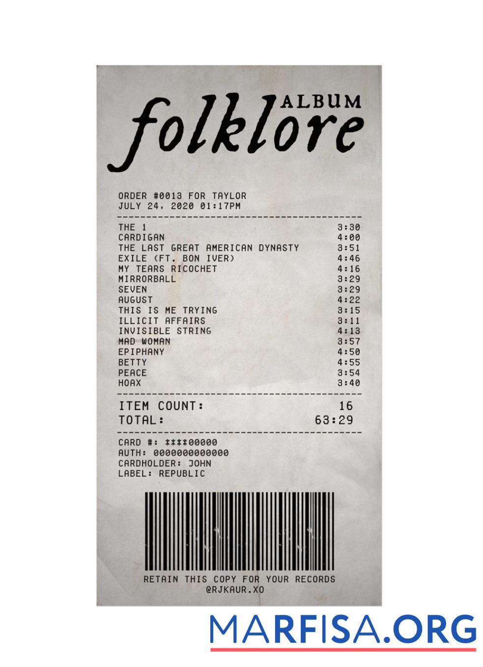 Realistic FOLKLORE ALBUM payment check sample